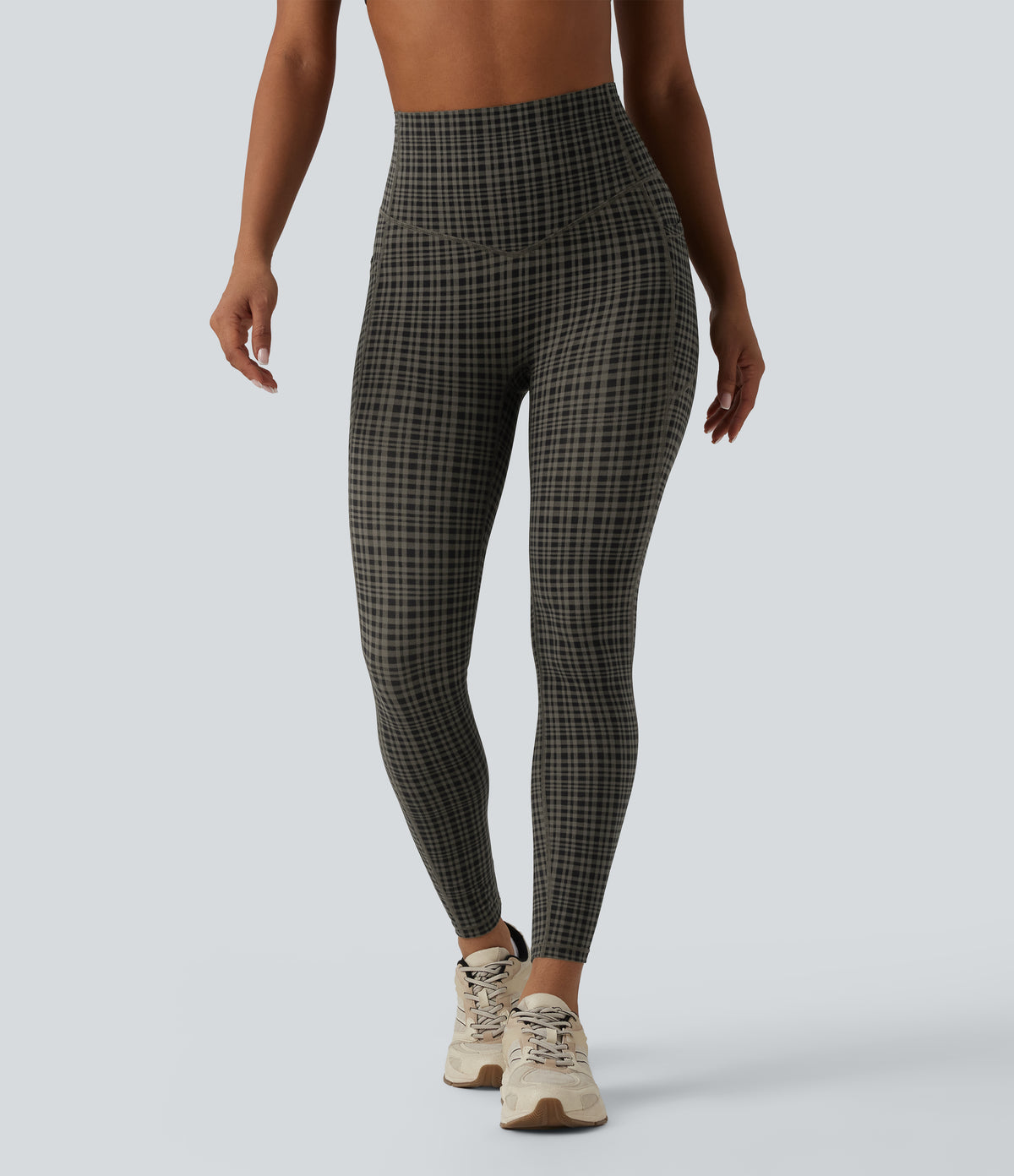 Plaid Print High Waisted Tummy Control Running Leggings with Pockets — Sandstone Check Plaid — view 3