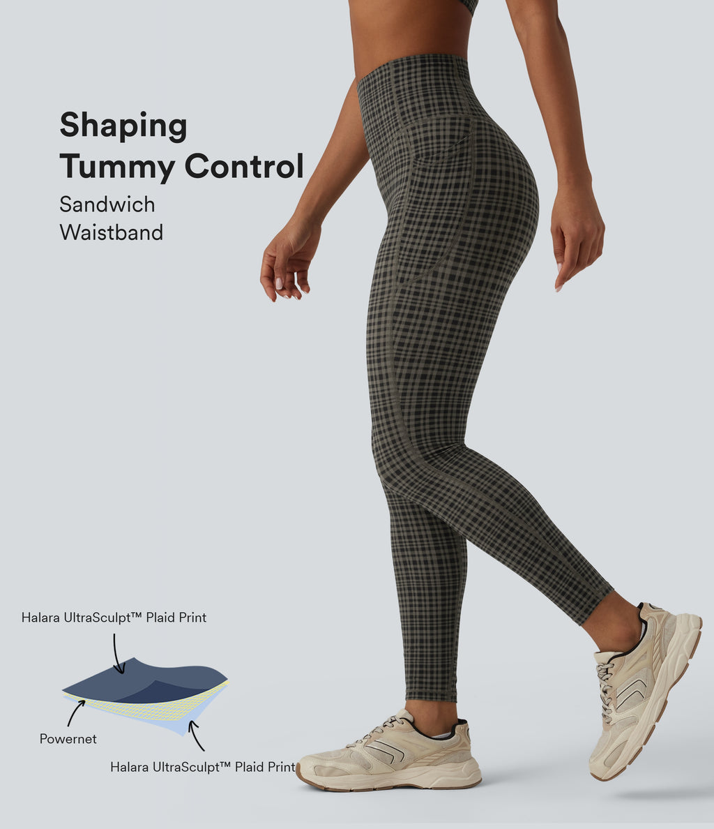 Plaid Print High Waisted Tummy Control Running Leggings with Pockets — Sandstone Check Plaid — view 1