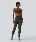 Plaid Print High Waisted Tummy Control Running Leggings with Pockets — Sandstone Check Plaid — view 6