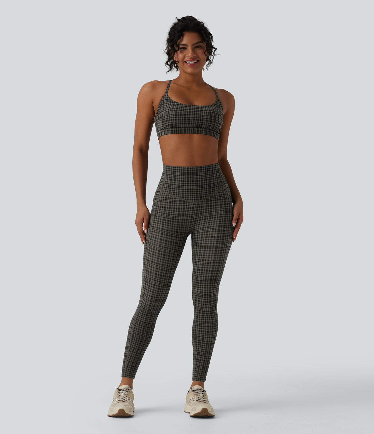 Plaid Print High Waisted Tummy Control Running Leggings with Pockets — Sandstone Check Plaid — view 6