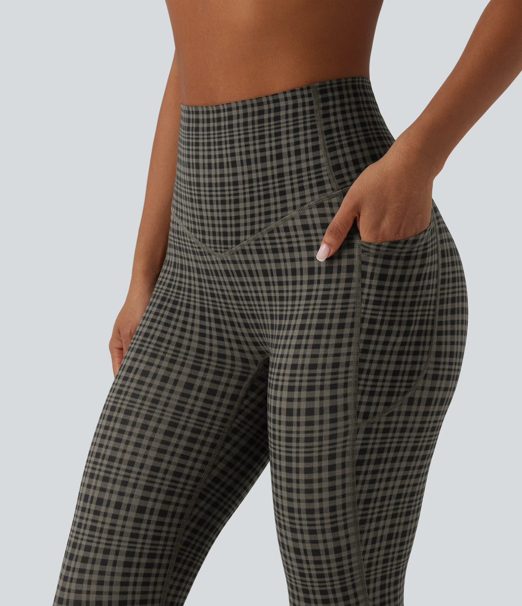 Plaid Print High Waisted Tummy Control Running Leggings with Pockets — Sandstone Check Plaid — view 4