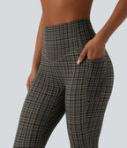 Plaid Print High Waisted Tummy Control Running Leggings with Pockets — Sandstone Check Plaid — view 4