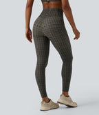 Plaid Print High Waisted Tummy Control Running Leggings with Pockets — Sandstone Check Plaid — view 2