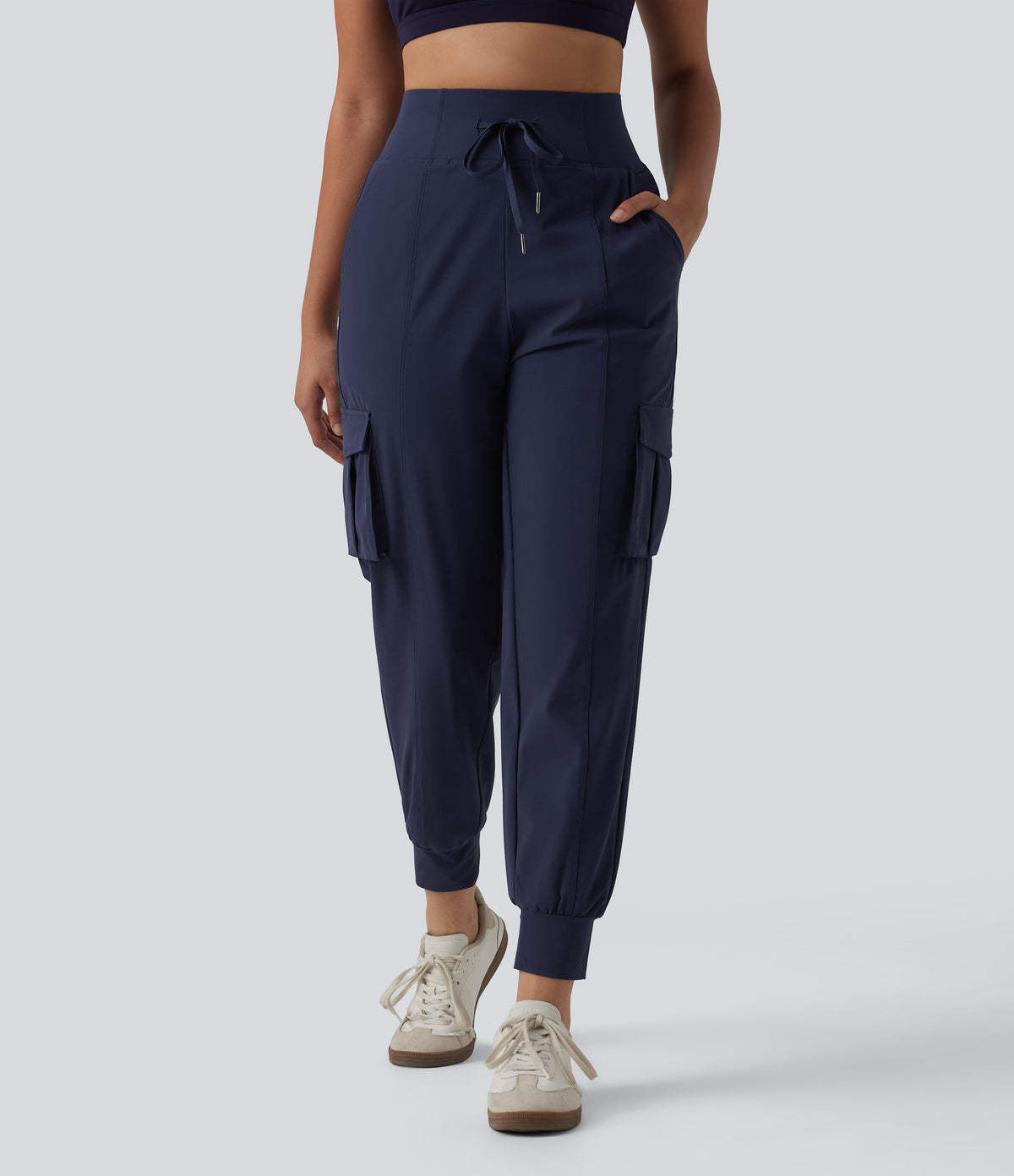 High Waisted Drawstring Quick Dry InstantCool Casual Cargo Joggers with Pockets-UPF40+ — Peacoat — view 3