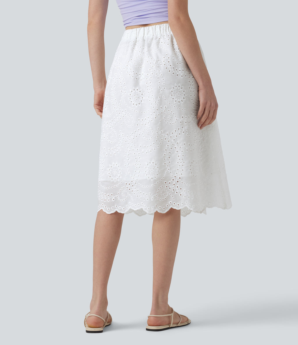 High Waisted Embroidery Eyelet Resort A-line Skirt — White — view 2