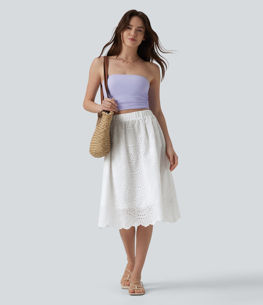 High Waisted Embroidery Eyelet Resort A-line Skirt — White — view 7