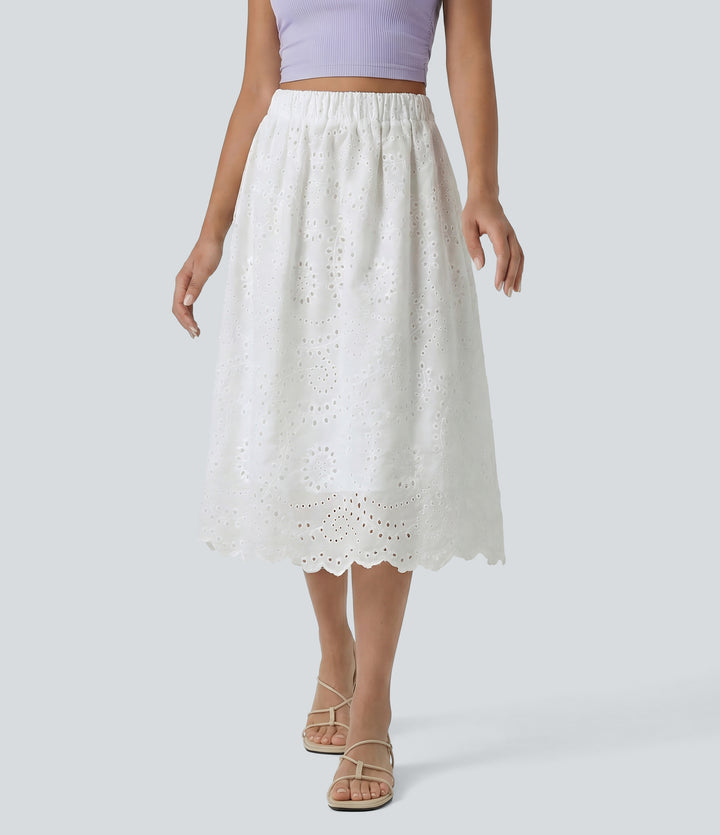 High Waisted Embroidery Eyelet Resort A-line Skirt — White — view 1