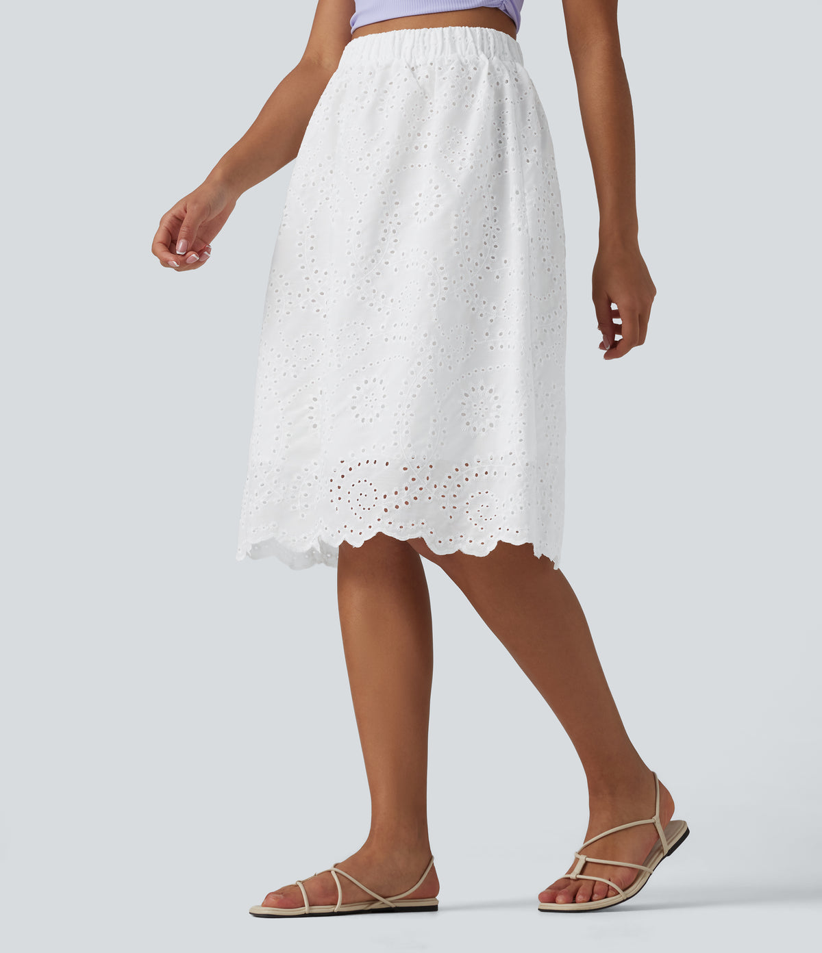 High Waisted Embroidery Eyelet Resort A-line Skirt — White — view 3