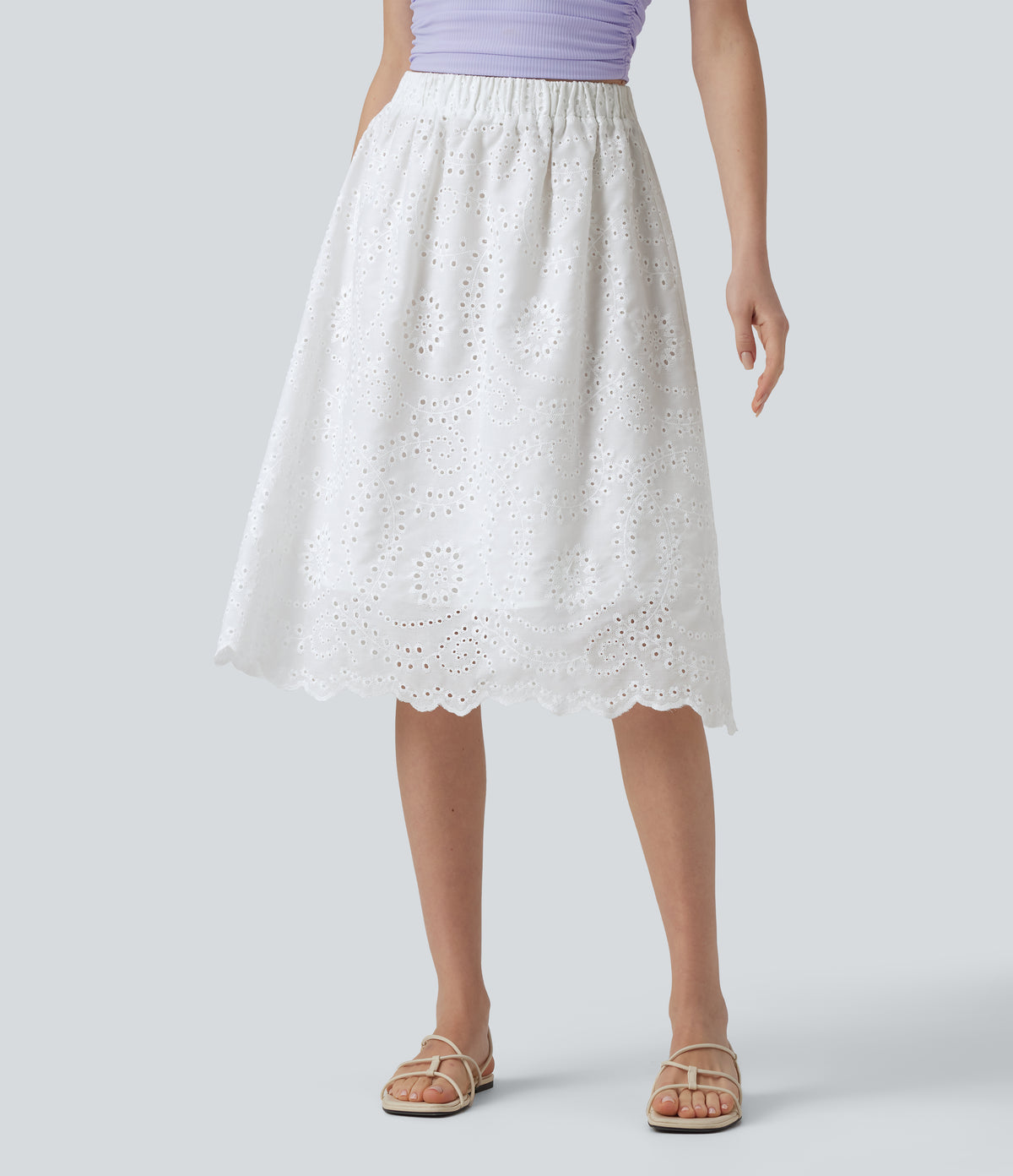 High Waisted Embroidery Eyelet Resort A-line Skirt — White — view 4