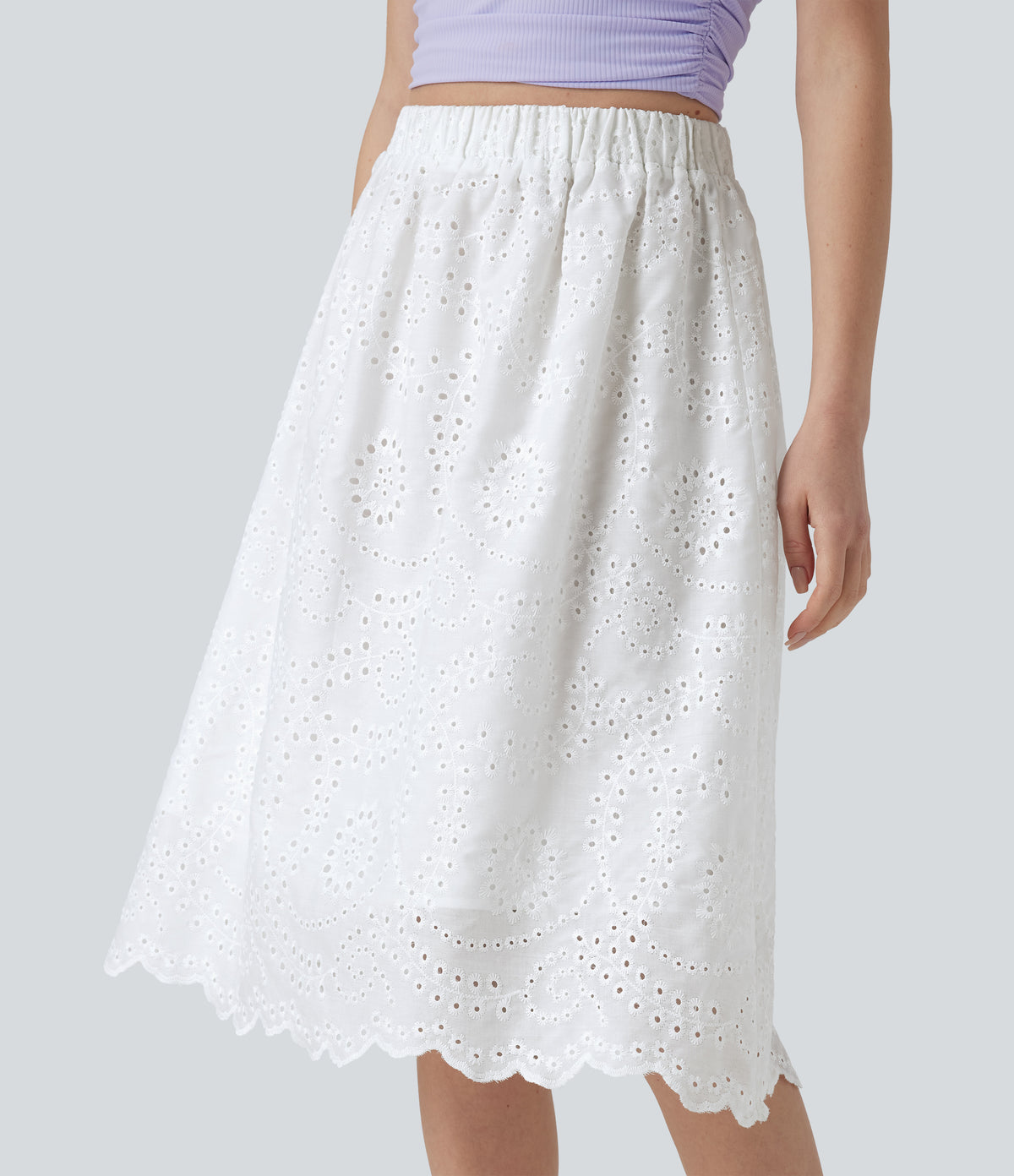 High Waisted Embroidery Eyelet Resort A-line Skirt — White — view 6