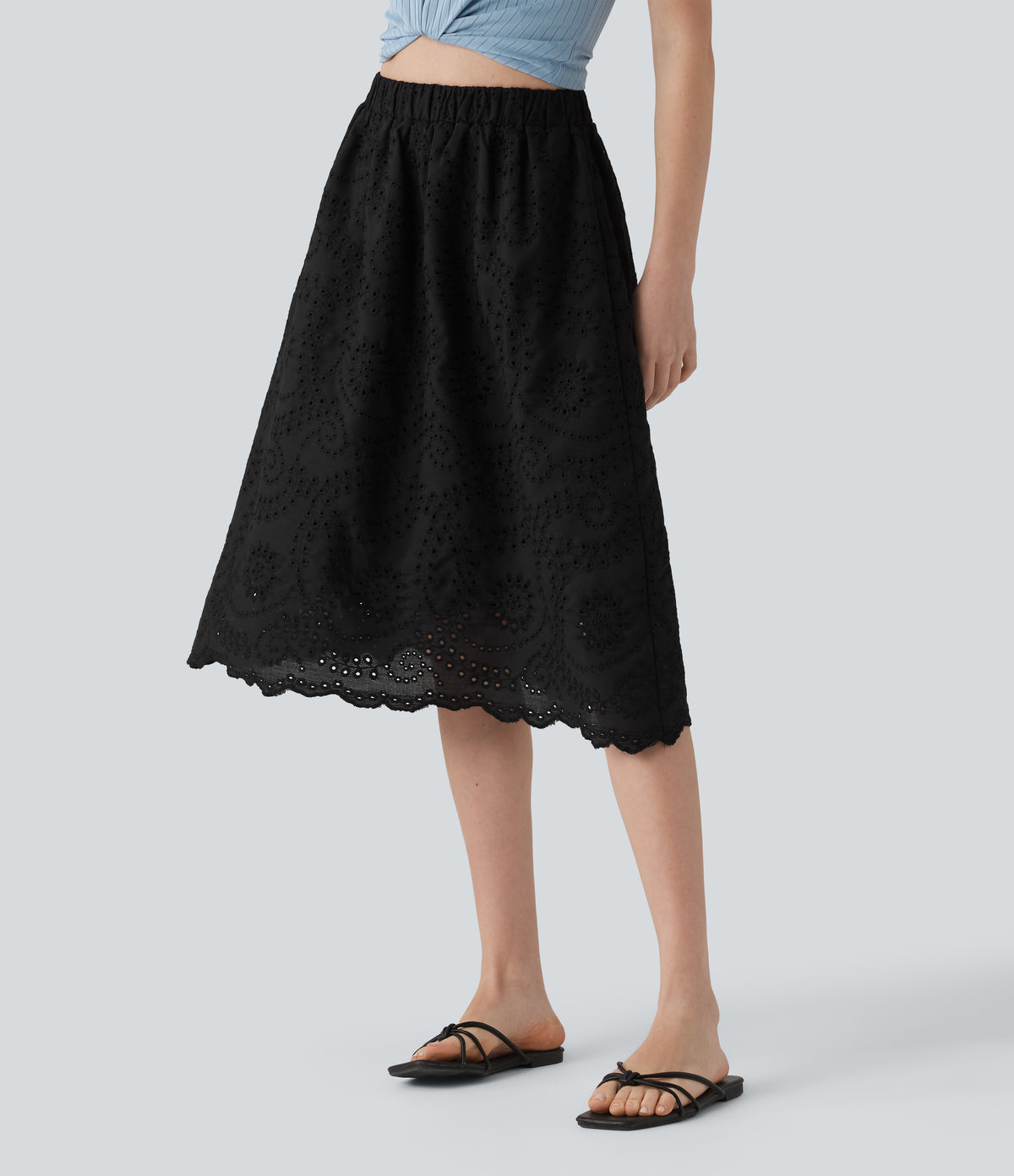High Waisted Embroidery Eyelet Resort A-line Skirt — Black — view 9