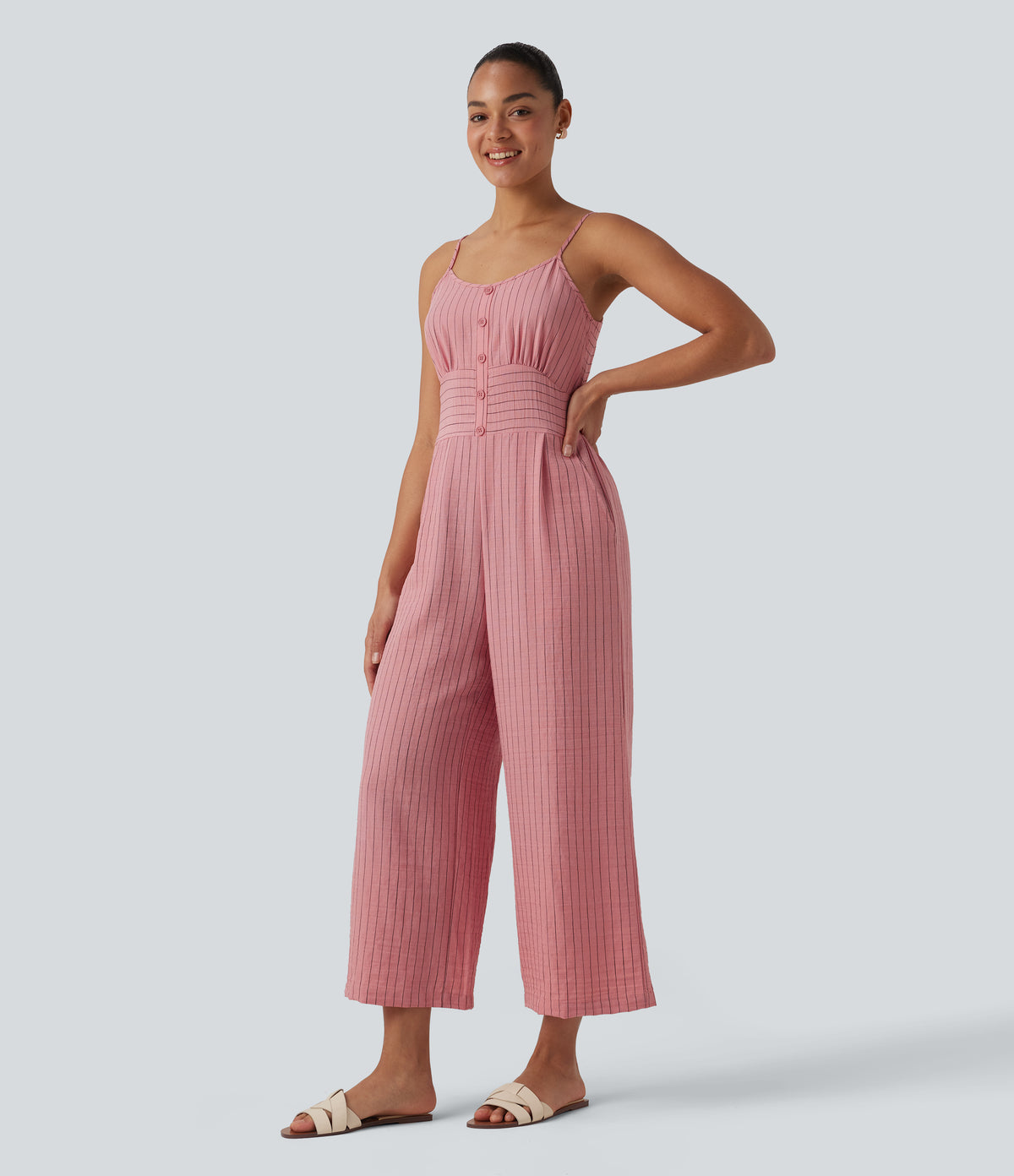 Tie Back Cut Out Stripe Linen-Feel Slip Jumpsuit with Pockets — Candy Pink Black Yarn Dye Stripes — view 3