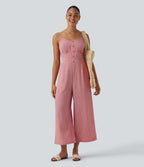 Tie Back Cut Out Stripe Linen-Feel Slip Jumpsuit with Pockets — Candy Pink Black Yarn Dye Stripes — view 7