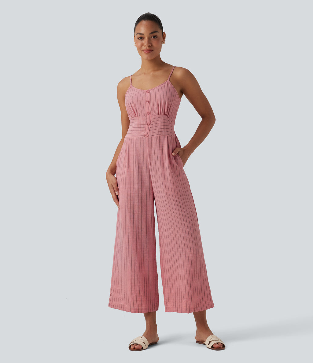 Tie Back Cut Out Stripe Linen-Feel Slip Jumpsuit with Pockets — Candy Pink Black Yarn Dye Stripes — view 2