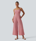 Tie Back Cut Out Stripe Linen-Feel Slip Jumpsuit with Pockets — Candy Pink Black Yarn Dye Stripes — view 2