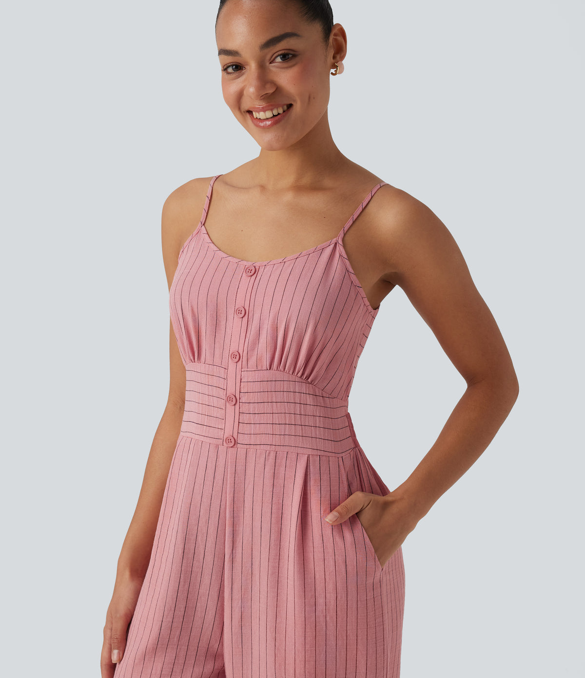 Tie Back Cut Out Stripe Linen-Feel Slip Jumpsuit with Pockets — Candy Pink Black Yarn Dye Stripes — view 5