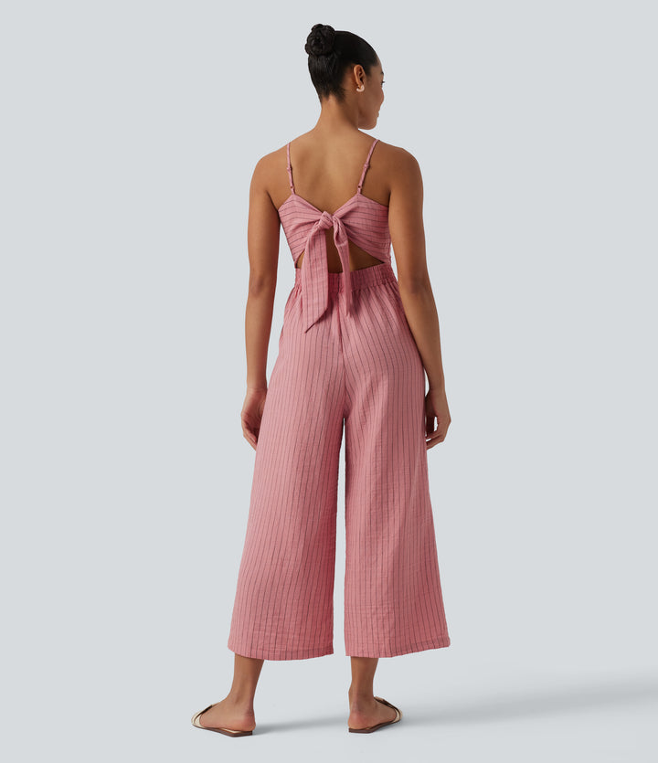 Tie Back Cut Out Stripe Linen-Feel Slip Jumpsuit with Pockets — Candy Pink Black Yarn Dye Stripes — view 1