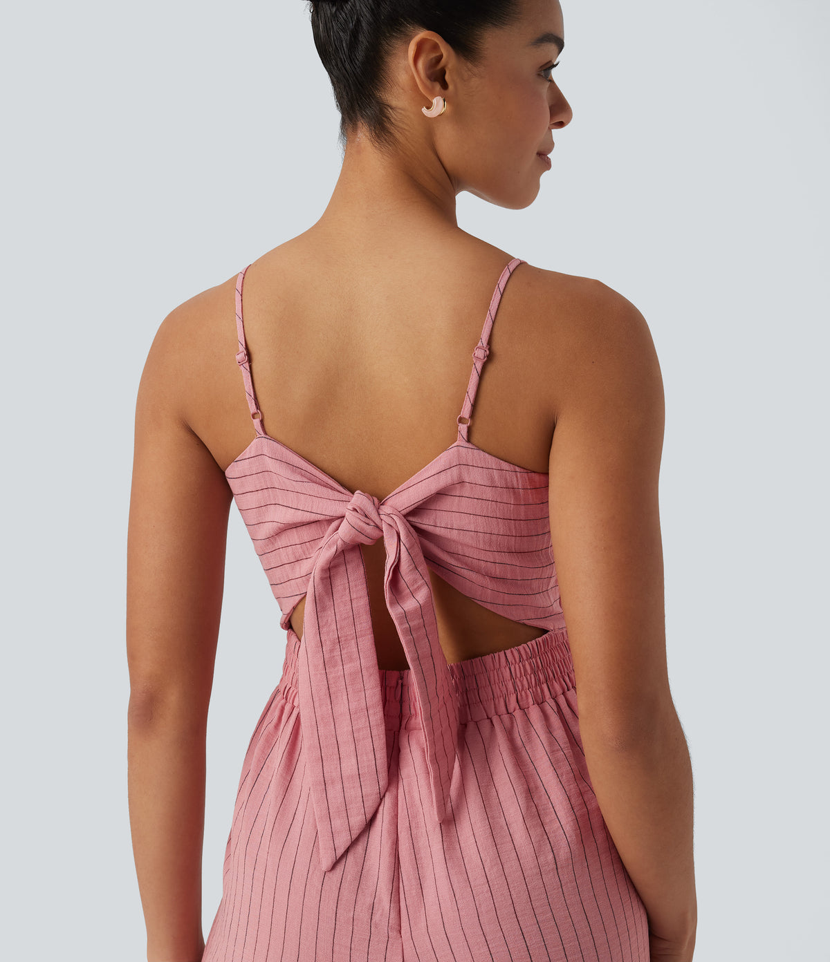 Tie Back Cut Out Stripe Linen-Feel Slip Jumpsuit with Pockets — Candy Pink Black Yarn Dye Stripes — view 4