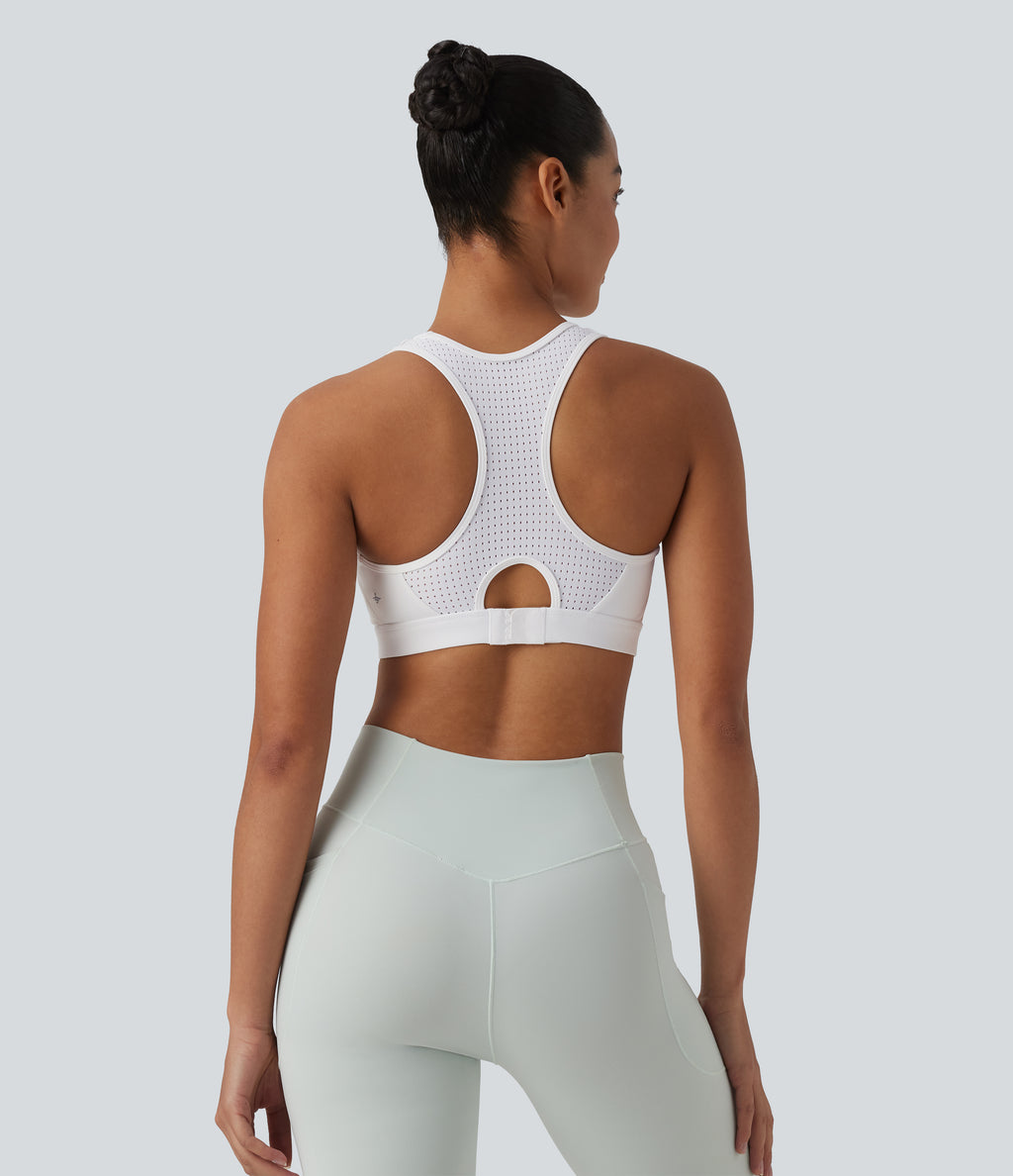 Medium Support Racerback Cut Out Workout Sports Bra — White — view 4
