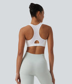 Medium Support Racerback Cut Out Workout Sports Bra — White — view 4