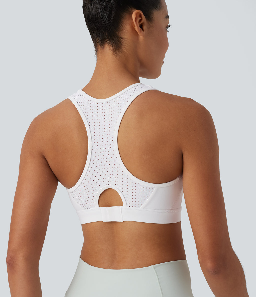 Medium Support Racerback Cut Out Workout Sports Bra — White — view 1
