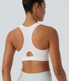 Medium Support Racerback Cut Out Workout Sports Bra — White — view 1