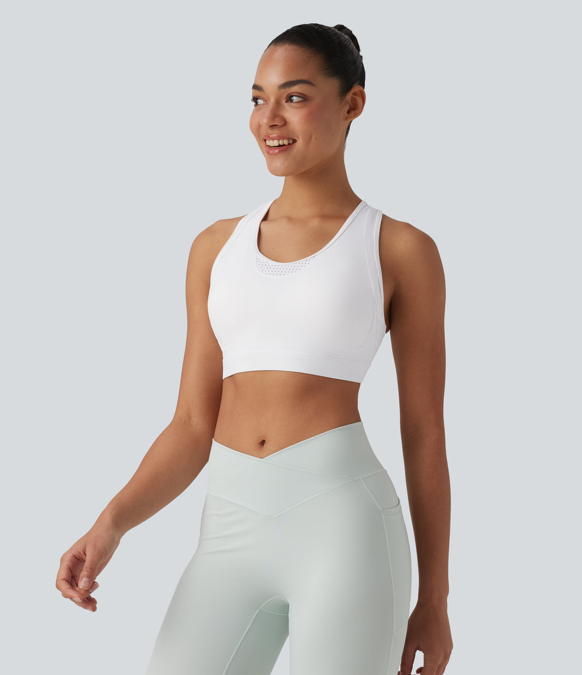 Medium Support Racerback Cut Out Workout Sports Bra — White — view 3