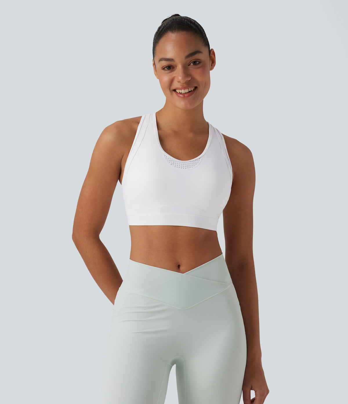 Medium Support Racerback Cut Out Workout Sports Bra — White — view 2