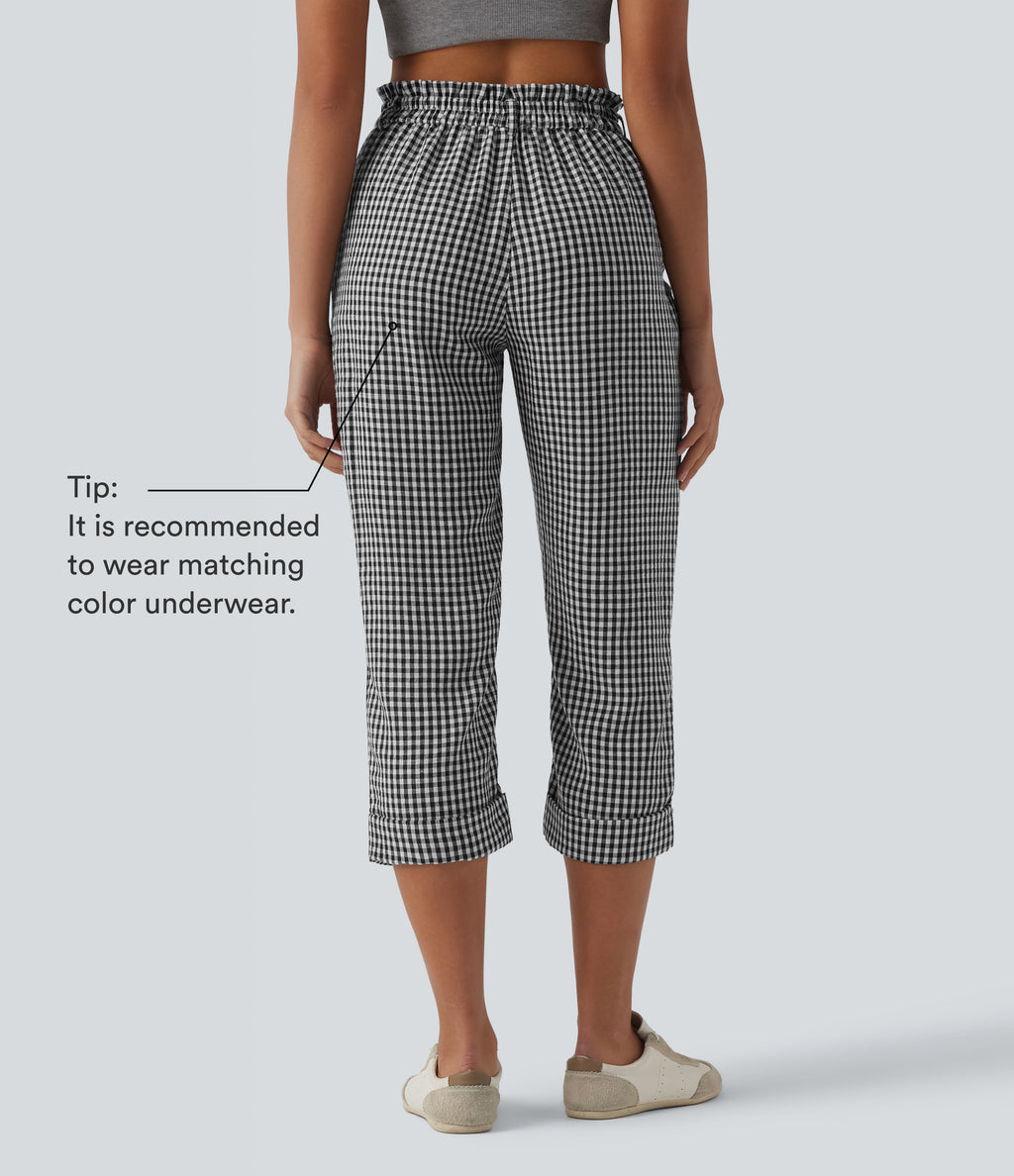 High Waisted Cropped Plaid Casual Linen-Feel Trousers with Pockets — Classic Mono — view 2