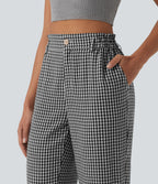 High Waisted Cropped Plaid Casual Linen-Feel Trousers with Pockets — Classic Mono — view 5