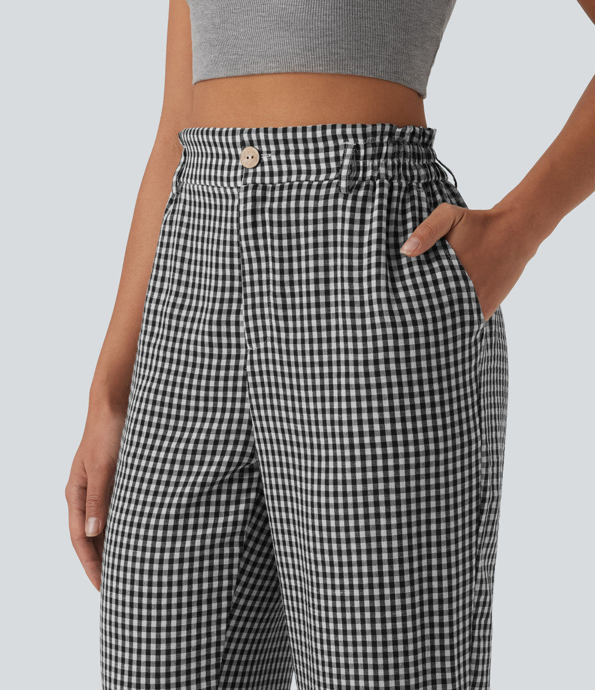 High Waisted Cropped Plaid Casual Linen-Feel Trousers with Pockets — Classic Mono — view 5