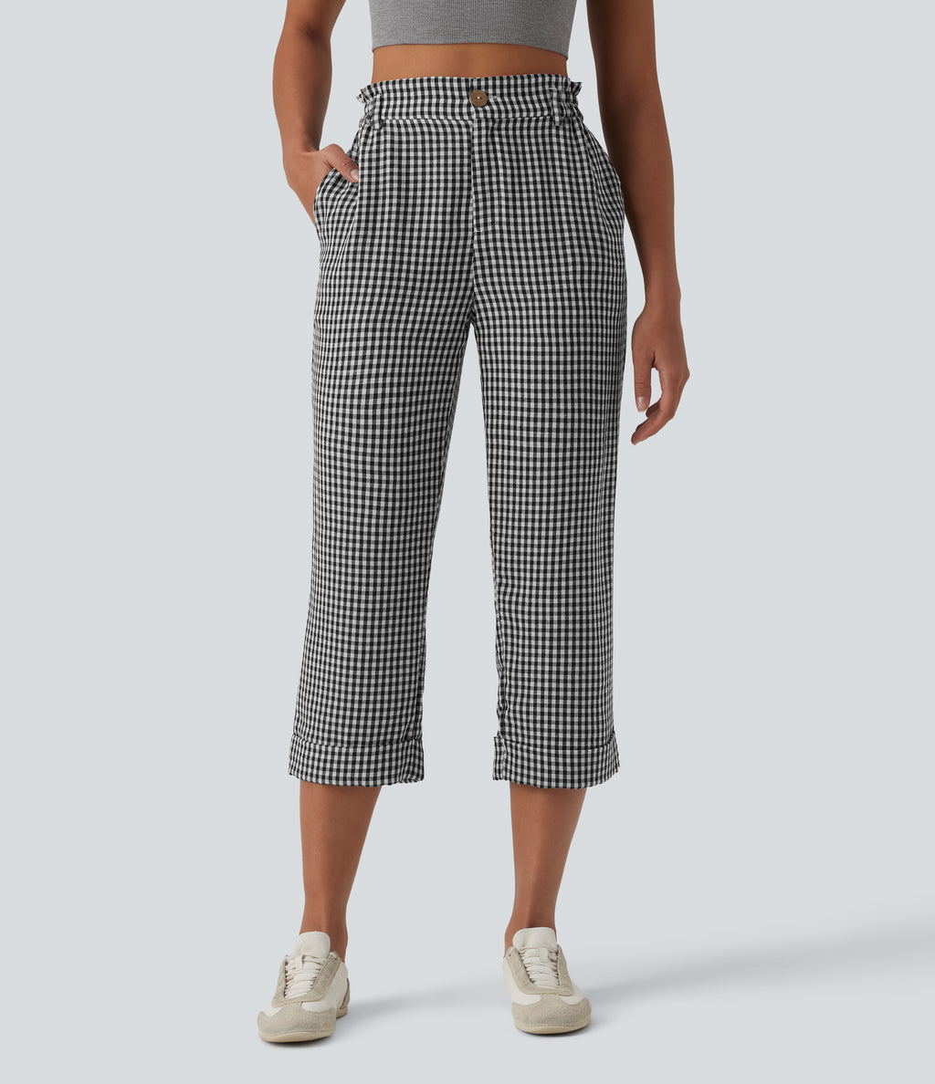 High Waisted Cropped Plaid Casual Linen-Feel Trousers with Pockets — Classic Mono — view 3