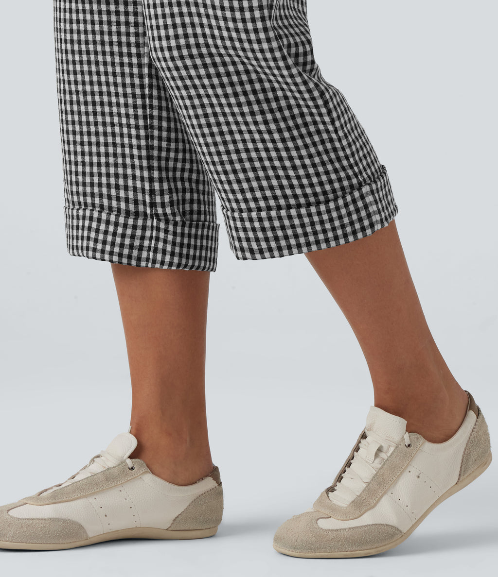 High Waisted Cropped Plaid Casual Linen-Feel Trousers with Pockets — Classic Mono — view 7