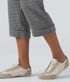 High Waisted Cropped Plaid Casual Linen-Feel Trousers with Pockets — Classic Mono — view 7