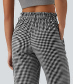 High Waisted Cropped Plaid Casual Linen-Feel Trousers with Pockets — Classic Mono — view 6