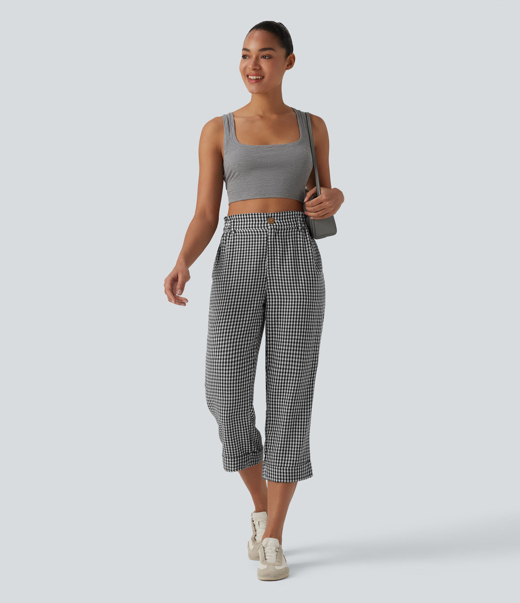 High Waisted Cropped Plaid Casual Linen-Feel Trousers with Pockets — Classic Mono — view 4