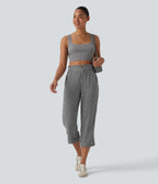 High Waisted Cropped Plaid Casual Linen-Feel Trousers with Pockets — Classic Mono — view 4