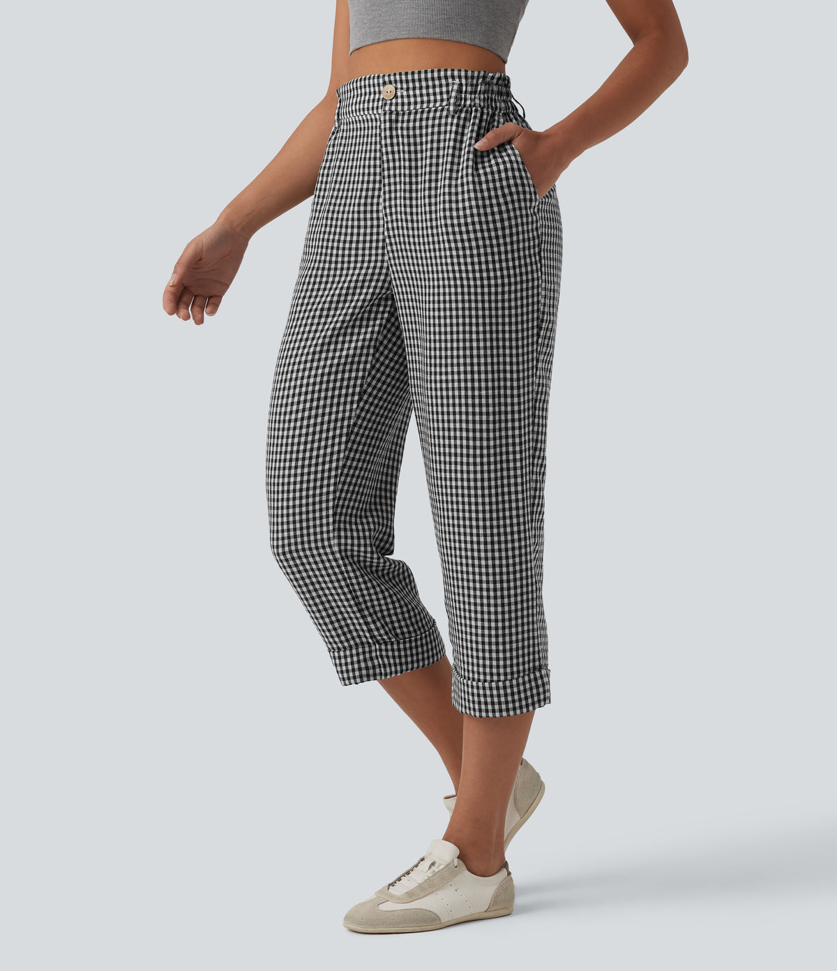 High Waisted Cropped Plaid Casual Linen-Feel Trousers with Pockets — Classic Mono — view 1