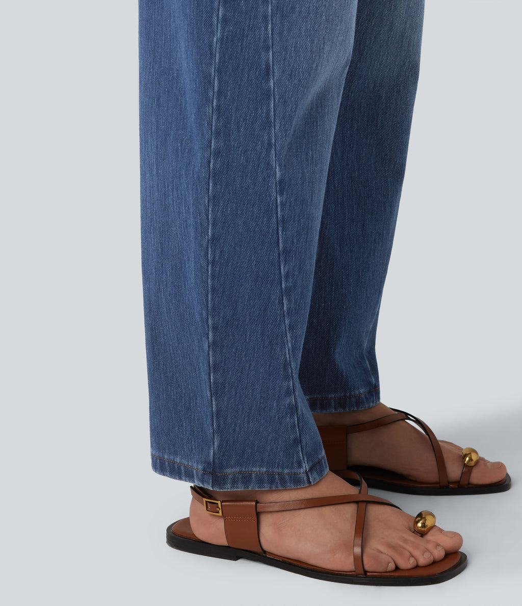 Low Rise Barrel Leg Casual Jeans with Pockets — Tide Blue Denim — view 6
