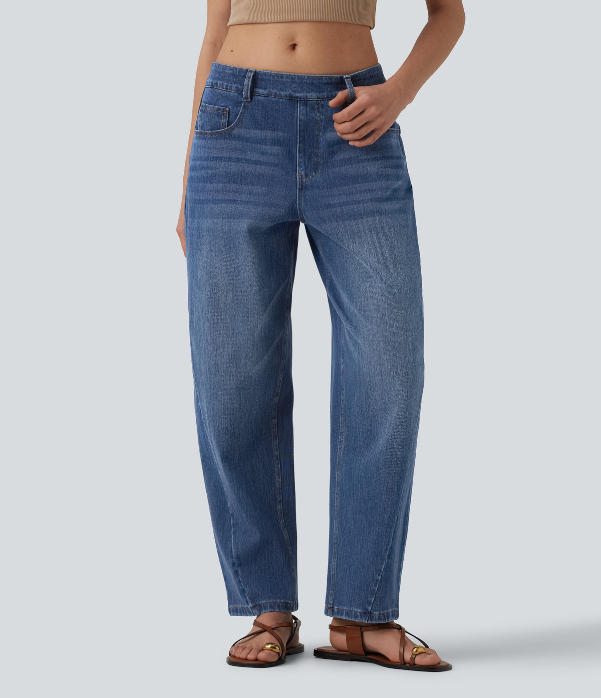 Low Rise Barrel Leg Casual Jeans with Pockets — Tide Blue Denim — view 1