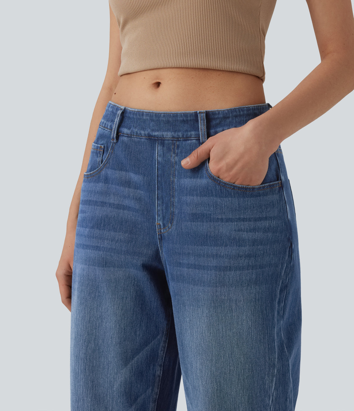 Low Rise Barrel Leg Casual Jeans with Pockets — Tide Blue Denim — view 4