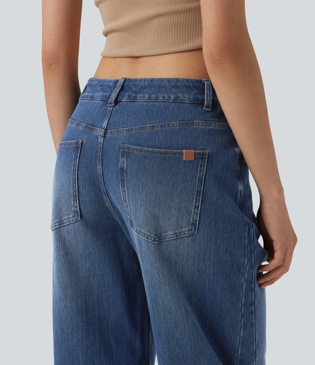 Low Rise Barrel Leg Casual Jeans with Pockets — Tide Blue Denim — view 5