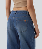 Low Rise Barrel Leg Casual Jeans with Pockets — Tide Blue Denim — view 5