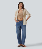 Low Rise Barrel Leg Casual Jeans with Pockets — Tide Blue Denim — view 7