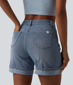 High Waisted Denim Casual Shorts 6'' with Pockets — Malibu Blue Denim — view 5