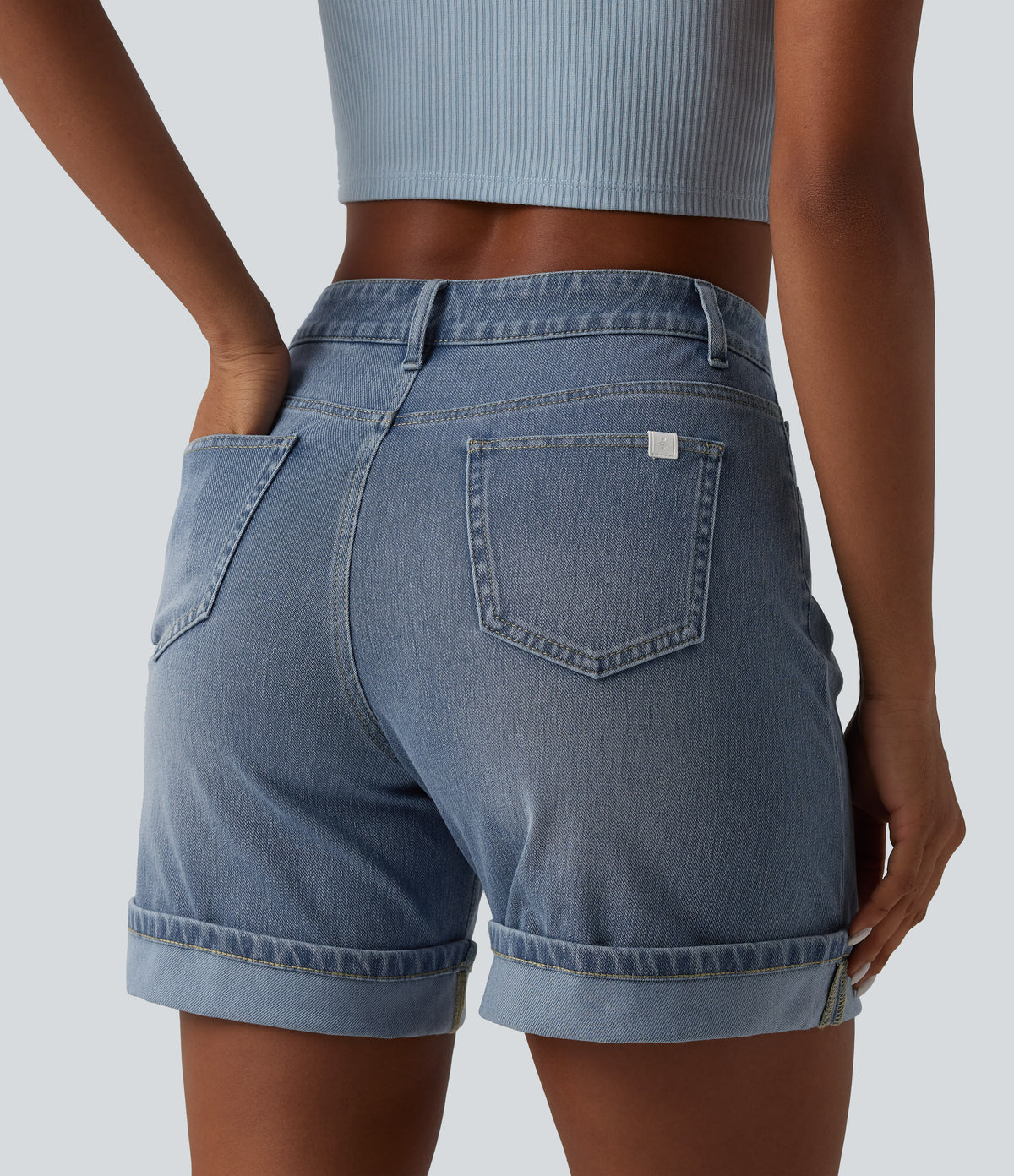 High Waisted Denim Casual Shorts 6'' with Pockets — Malibu Blue Denim — view 5