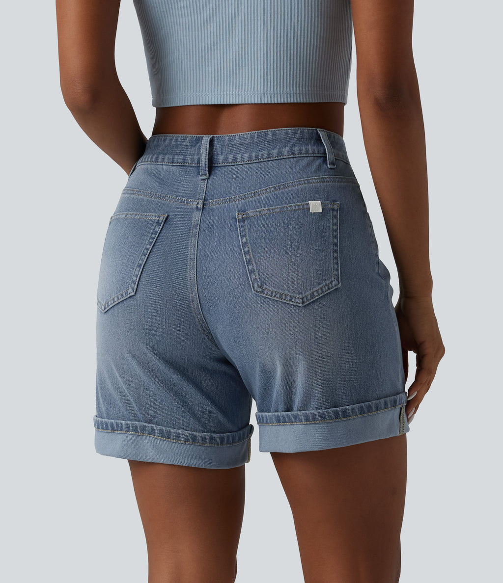 High Waisted Denim Casual Shorts 6'' with Pockets — Malibu Blue Denim — view 2