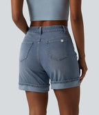 High Waisted Denim Casual Shorts 6'' with Pockets — Malibu Blue Denim — view 2