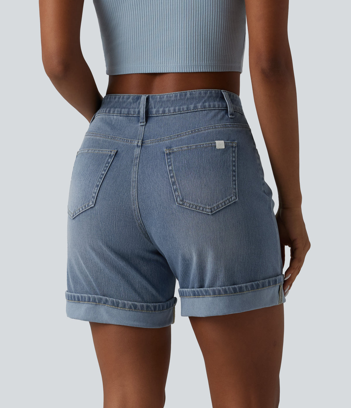 High Waisted Denim Casual Shorts 6'' with Pockets — Malibu Blue Denim — view 2