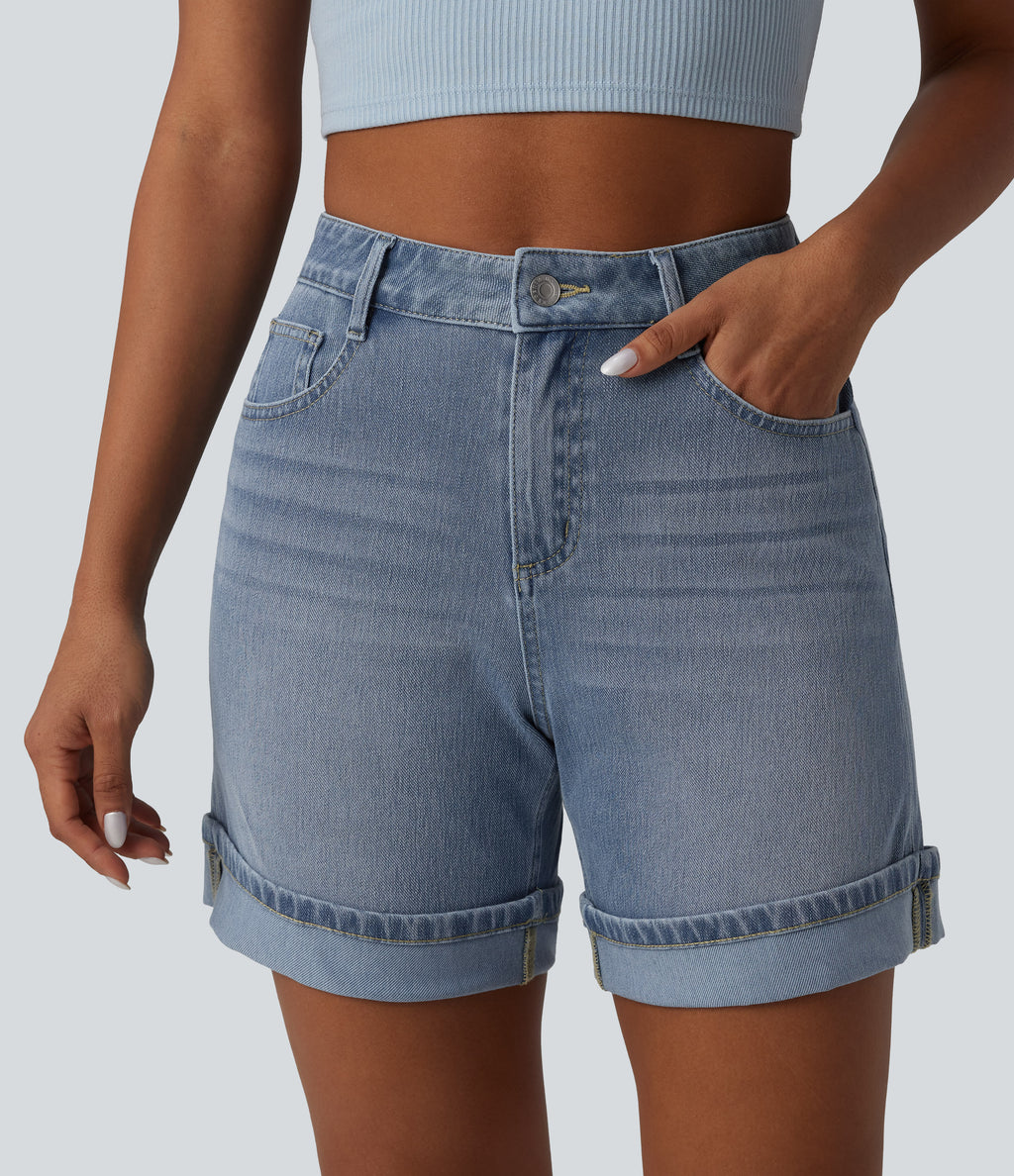 High Waisted Denim Casual Shorts 6'' with Pockets — Malibu Blue Denim — view 1